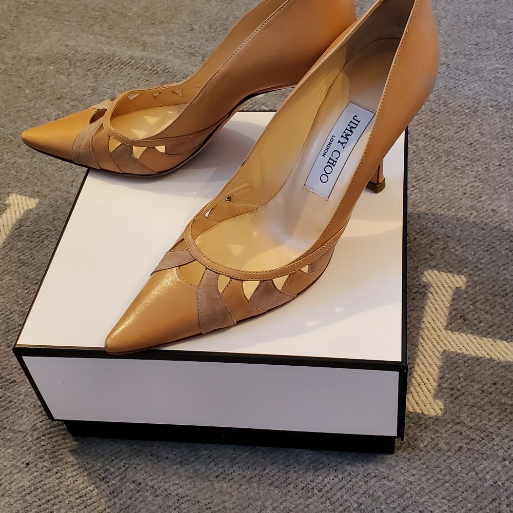 JIMMY CHOO Leather Suede 3" Pointed Toe Heels Shoes Tan Beige Vtg Luxury Sz 36 6